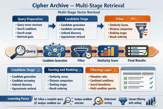 An infographic titled 'Cipher Archive - Multi-Stage Retrieval' showing a multi-step process with labeled boxes for Query Preparation, Candidate Stage, Filter, Scoring and Ranking, and Filtering Layer, plus icons and a funnel diagram on a light blue background.