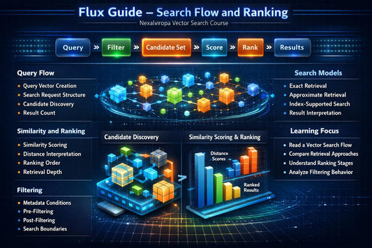 An infographic titled 'Flux Guide – Search Flow and Ranking' with a dark blue background, showing a digital flowchart and 3D block diagram explaining query flow, candidate discovery, similarity scoring, filtering, search models, and learning focus.