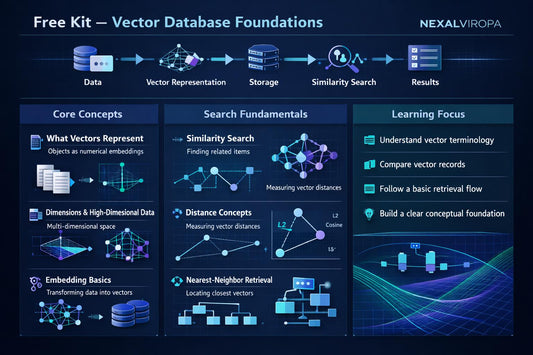 An educational infographic titled 'Free Kit - Vector Database Foundations' by NEXALVIROPA, designed as a dark blue and black digital slide with diagrams and text explaining vector concepts, similarity search, and learning focus.