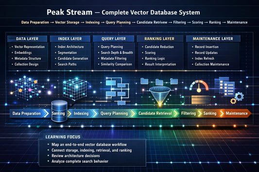 A digital infographic diagram for the Peak Stream Complete Vector Database System, showing a futuristic dark blue and black interface with glowing neon accents, labeled layers for data, index, query, ranking, and maintenance, and a central database icon.