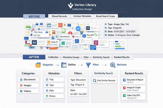 A software interface screenshot for Vertex Library Collection Design, showing a before-and-after comparison of document search and organization workflows with multiple panels, icons, and text labels.