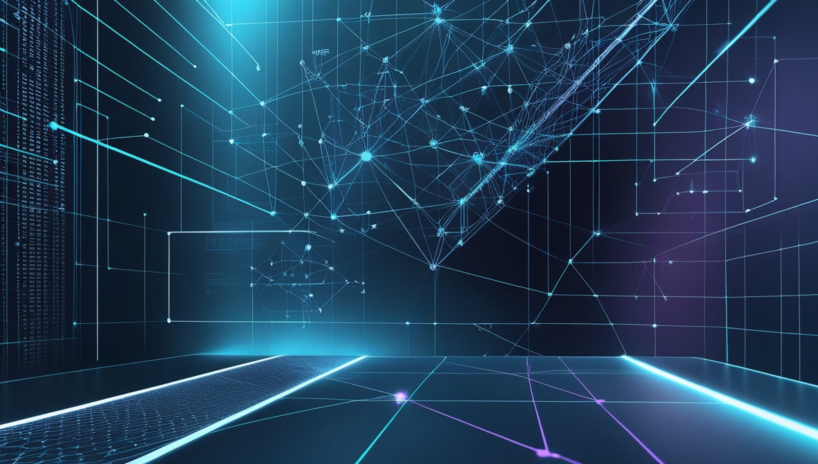 A futuristic digital rendering of a dark virtual room with glowing blue and cyan network lines, nodes, and illuminated floor strips, creating a high-tech cyberpunk atmosphere.