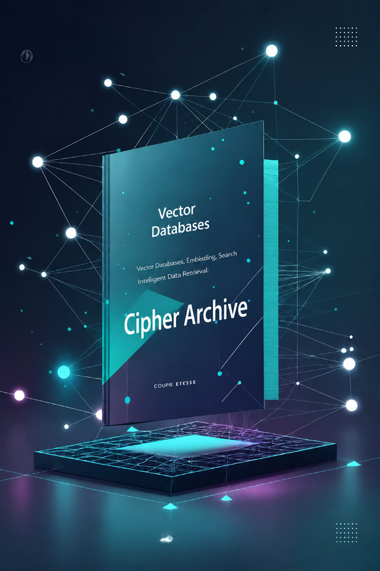 A stylized digital render of a book or software cover titled "Vector Databases" and "Cipher Archive," shown floating above a glowing platform with network node lines and neon blue and purple lighting against a dark background.