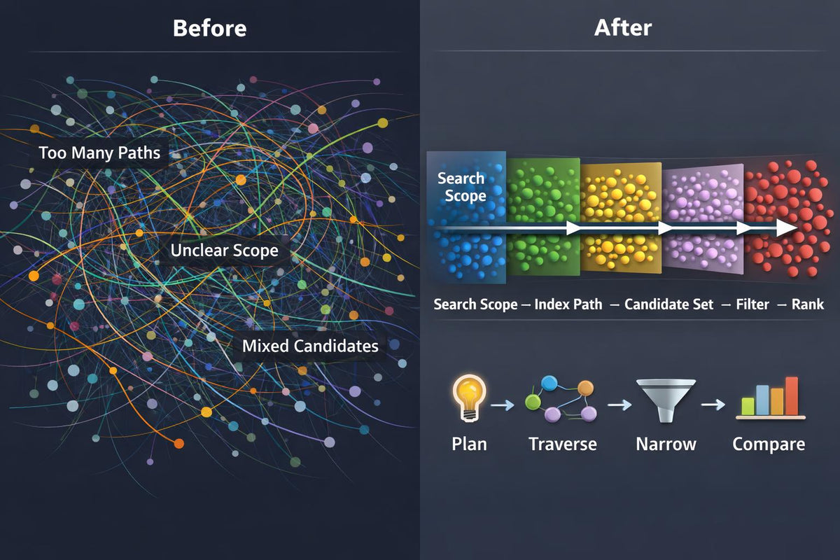 A dark infographic comparing a chaotic 'Before' state with an organized 'After' state. The left side shows a dense web of multicolored lines and dots labeled 'Too Many Paths', 'Unclear Scope', and 'Mixed Candidates'.