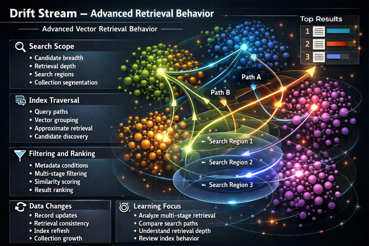 A dark-themed infographic titled 'Drift Stream – Advanced Retrieval Behavior' with diagrams of glowing particle clusters, curved orange and blue connection lines labeled Path A and Path B, and text boxes covering Search Scope, Index Traversal, Filtering and Ranking, Data Changes, and Learning Focus.