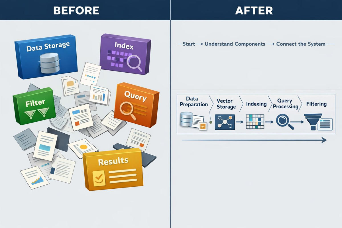 A before-and-after infographic comparing a traditional data querying workflow on the left with an optimized vector-based workflow on the right. The left side, labeled 'BEFORE', shows scattered document icons and labeled boxes for Data Storage, Index, Filter, Query, and Results.