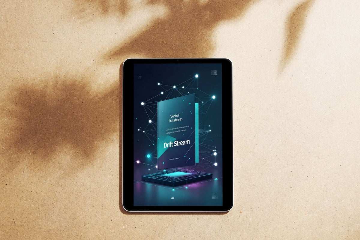 A tablet device lying on a textured beige surface with soft brown shadows cast across it. The tablet screen is on and displays a digital cover design with the text 'Vector Visuals' and 'Drift Stream' in a dark teal and purple graphic layout.