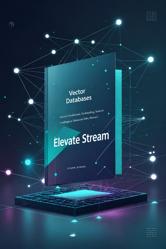 A stylized digital cover design for a product titled "Vector Databases" with the prominent text "Elevate Stream" on a dark teal rectangular panel, floating above a glowing platform with network node lines and dots in a cyberpunk setting.