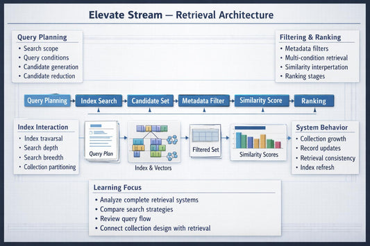 A process flow diagram titled 'Elevate Stream — Retrieval Architecture' showing steps from Query Planning to Filtering & Ranking, with boxes, arrows, and small icons on a white background.