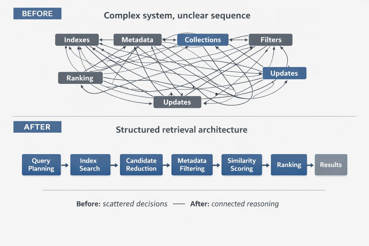 A comparison diagram showing a complex, unclear system labeled 'BEFORE' with connected nodes like indexes, metadata, collections, filters, and updates, versus a structured retrieval architecture labeled 'AFTER' with sequential steps from query planning to results.