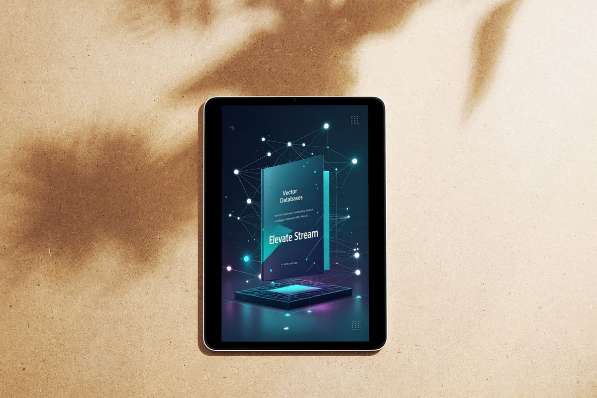 A tablet device lying on a textured beige surface, displaying a digital cover design with the title 'Elevate Stream' and abstract glowing network graphics.