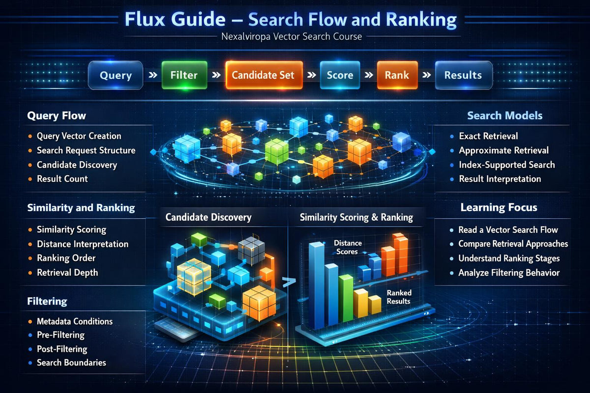 An infographic titled 'Flux Guide – Search Flow and Ranking' with a dark blue background, showing a digital flowchart and 3D block diagram explaining query flow, candidate discovery, similarity scoring, filtering, search models, and learning focus.