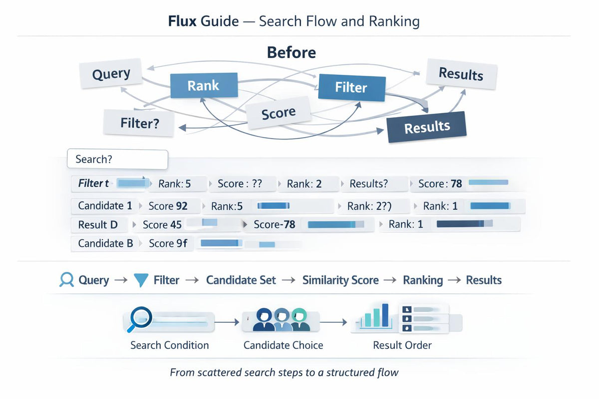 A diagram titled 'Flux Guide — Search Flow and Ranking' showing a before-and-after search flow with boxes labeled Query, Rank, Score, Filter, and Results, plus a small workflow illustration below on search condition, candidate choice, and result order.