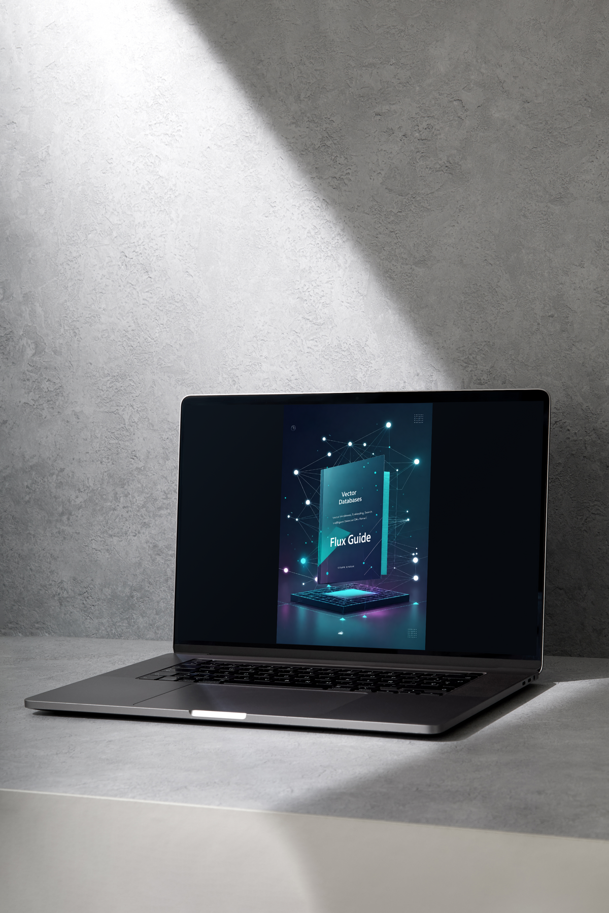 A dark gray laptop sits open on a light gray surface against a textured gray wall, with a dramatic spotlight casting shadows across the scene. The laptop screen displays a digital guide cover titled 'Plus Guide'.