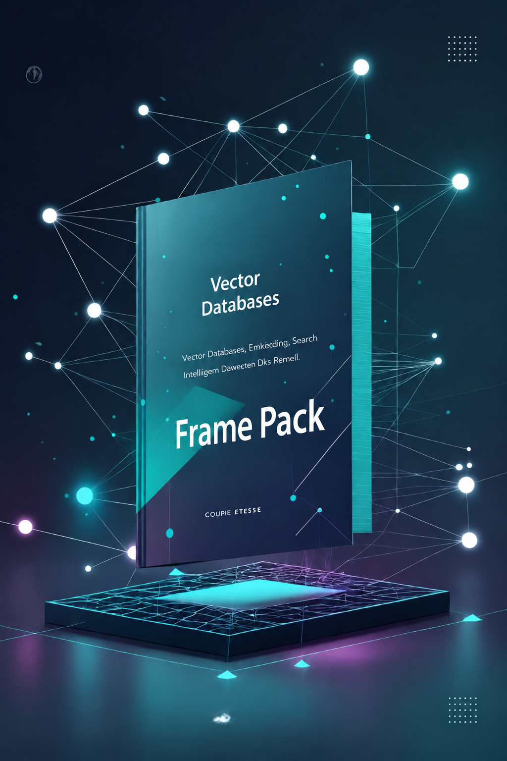 A digital cover mockup for a product titled 'Vector Databases Frame Pack' by 'Coupe Kester', shown as a floating book or software package on a glowing platform with neon network lines and dots against a dark blue background.