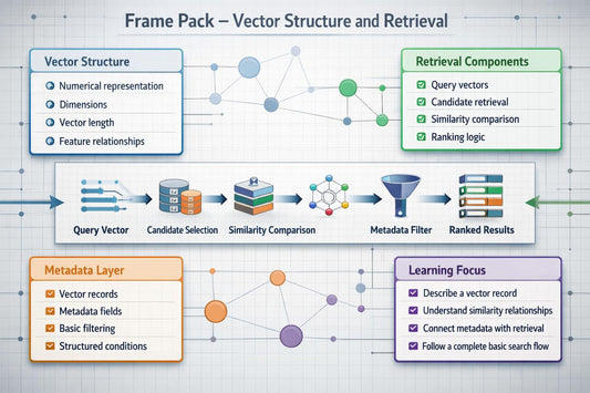 An educational infographic titled 'Frame Pack - Vector Structure and Retrieval' on a light gray grid background. It features a central horizontal flowchart detailing the vector search process (Query Vector, Candidate Selection, Similarity Comparison, Metadata Filter, Ranked Results), flanked by four colored boxes in blue, green, orange, and purple outlining vector structure, retrieval components, metadata layer, and learning focus.