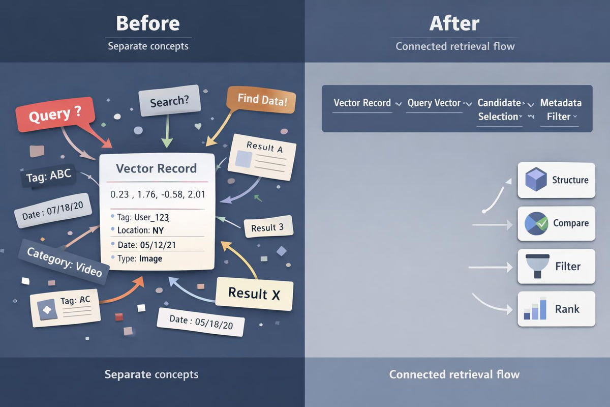 A split comparison graphic labeled Before and After. The left side shows a loose, separate-concept workflow with arrows, tags, search and query marks, and a central vector record surrounded by result notes.