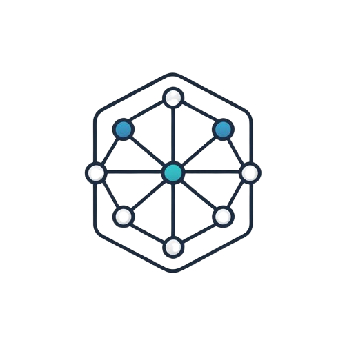 A minimalist vector-style icon of a hexagonal network or knowledge graph, featuring a central teal node connected to multiple white and blue nodes on a solid white background.