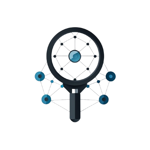 A stylized vector illustration of a magnifying glass with a dark gray handle and black rim, surrounded by connected blue and teal nodes on a plain white background.