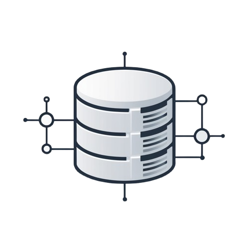 A minimalist vector icon of a multi-tier database server, depicted as a stack of three silver server racks with dark gray outlines and lines extending from the sides and top, on a solid white background.