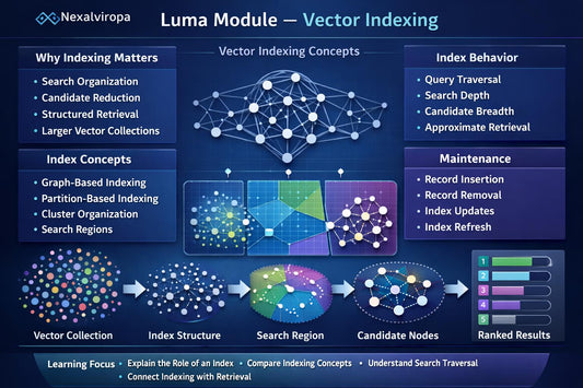 An educational infographic titled 'Luma Module - Vector Indexing' by Nexalivropa, featuring diagrams and text explaining vector indexing concepts, search organization, candidate deduction, and ranked results on a dark blue background.