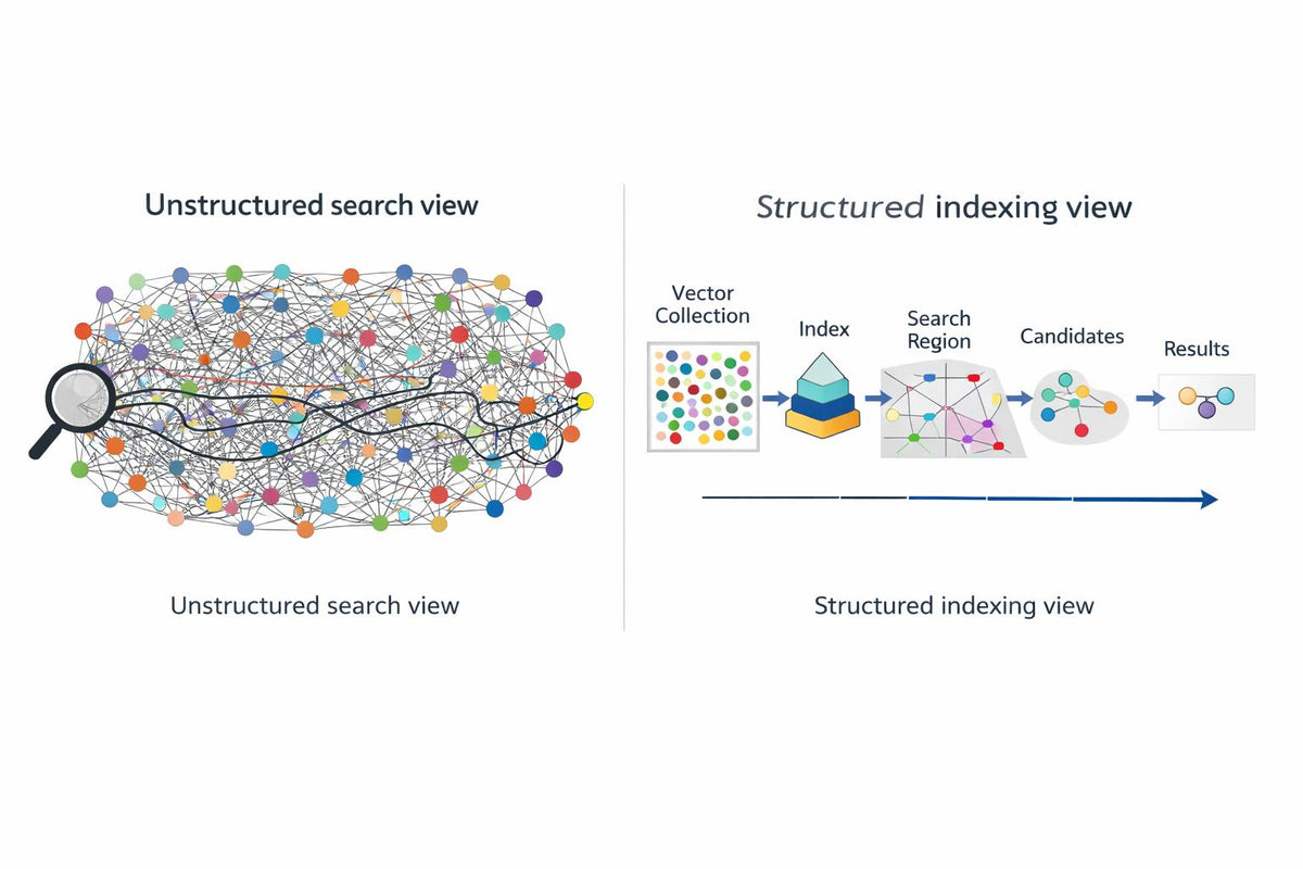 A comparison diagram labeled 'Unstructured search view' and 'Structured indexing view' on a white background. The left side shows a dense web of multicolored dots connected by lines with a magnifying glass over it.