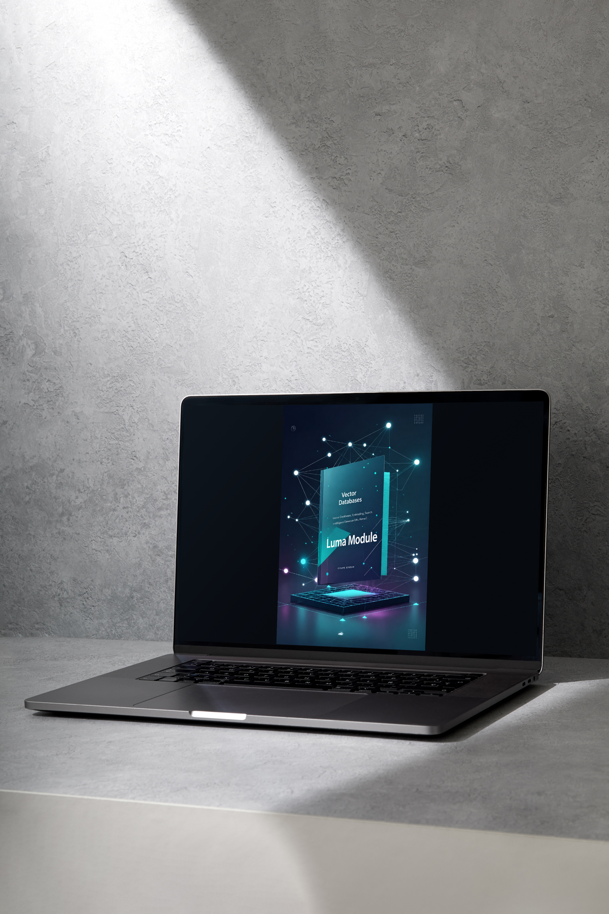 A dark gray laptop sits open on a light gray surface against a textured gray wall, with a dramatic spotlight casting shadows across the scene. The laptop screen displays a digital guide cover titled 'Plus Guide'.
