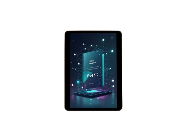 A black tablet device centered on a light gray background, displaying a digital cover graphic with the text 'Vector Design Free Kit' and a stylized book-and-laptop design in dark blue, teal, and purple tones.