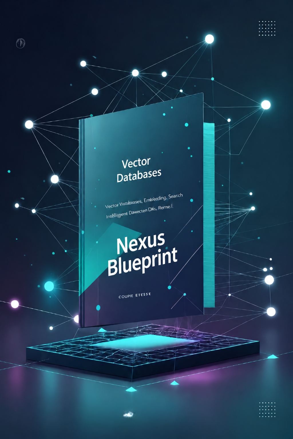 A digital cover-style graphic for a product titled "Vector Databases" and "Nexus Blueprint," shown as a floating book or software box with glowing teal and white network nodes on a dark background.