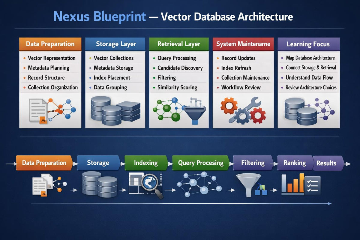 A digital infographic titled 'Nexus Blueprint — Vector Database Architecture' on a dark blue background, showing five vertical panels labeled Data Preparation, Storage Layer, Retrieval Layer, System Maintenance, and Learning Focus, with icons and brief text about database operations and workflow. A horizontal summary row at the bottom outlines steps from Data Preparation through Ranking and Results.