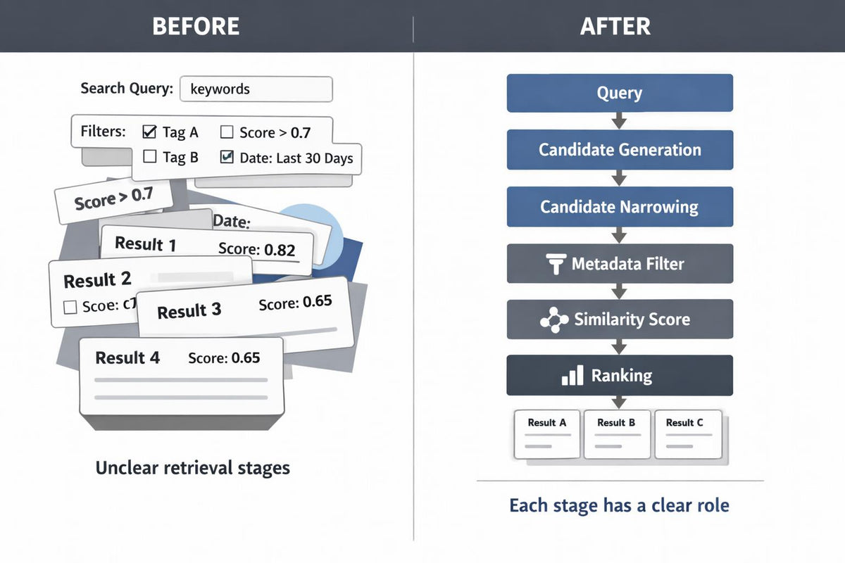 A split-panel diagram comparing before and after information retrieval stages. The left panel labeled BEFORE shows a search query with multiple ranked document snippets and the text 'Unclear retrieval stages.