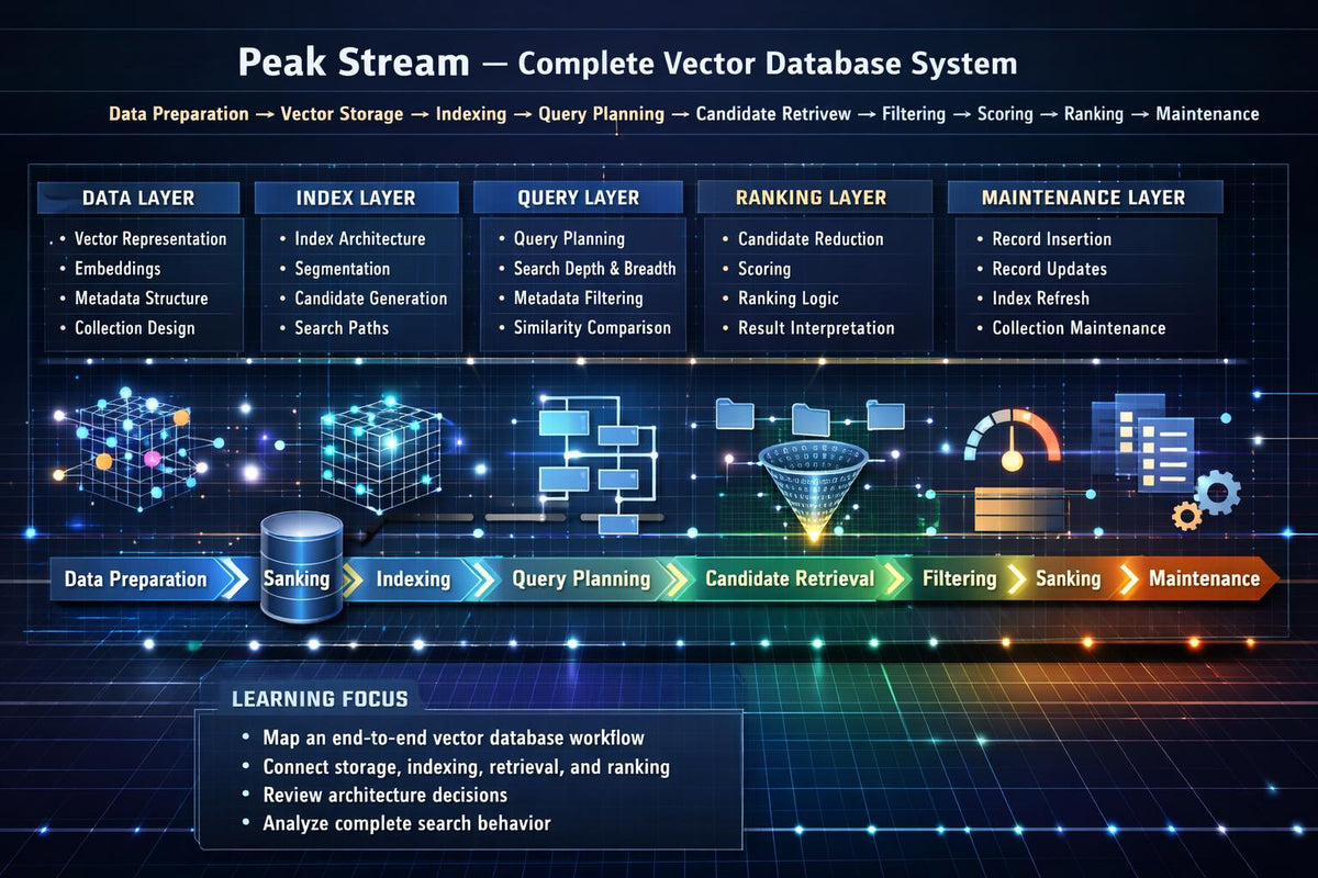 A digital infographic diagram for the Peak Stream Complete Vector Database System, showing a futuristic dark blue and black interface with glowing neon accents, labeled layers for data, index, query, ranking, and maintenance, and a central database icon.