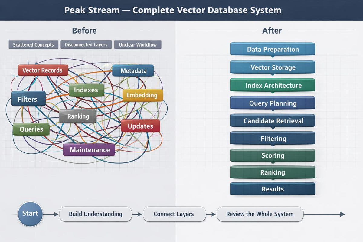 A digital infographic titled 'Peak Stream — Complete Vector Database System' comparing a messy 'Before' state with an organized 'After' state. The 'Before' section shows a tangled web of labeled layers like Vector Records, Metadata, and Filters.